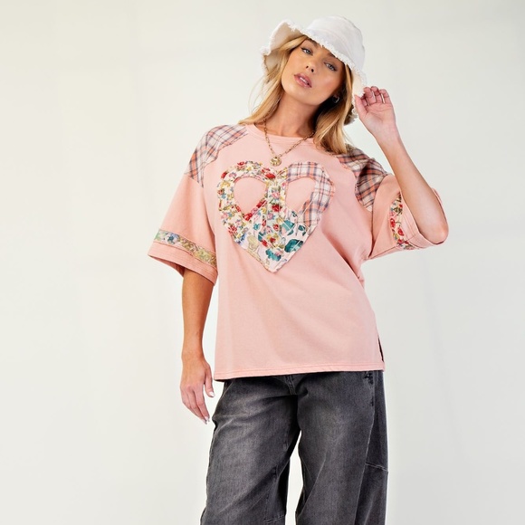 easel Tops - New Easel Floral Heart Short Sleeve Tee Top Shirt Pullover Patchwork Peach Boho